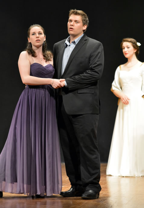 Jessica Newman, Stephen Tzianabos, and Addie Rose Brown perform a scene from Cavalli’s L’EGISTO.