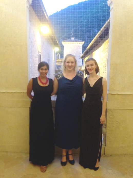Ritika Chaturvedi, Anna McTiernan, and Lauren DeLucia before the Piobbico concert in the Castello Brancaleoni.