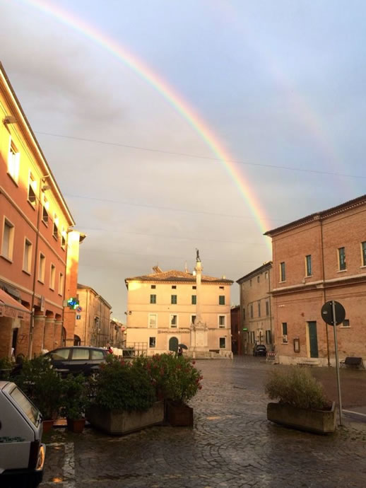 Rainbow over Urbania’s Piazza San Cristoforo.